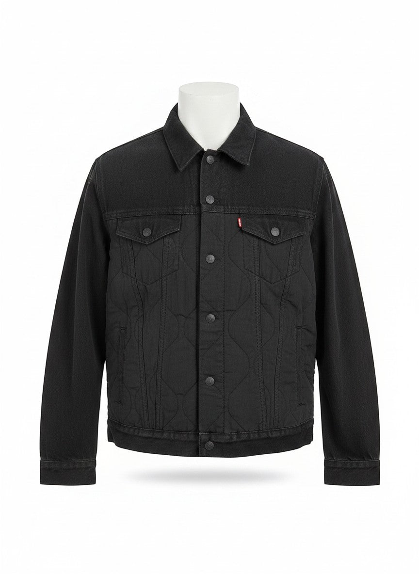 Throwback Rack Levi's black denim jacket with quilted front panels and brass buttons. Classic trucker style.
