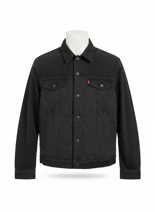 Throwback Rack Levi's black denim jacket with quilted front panels and brass buttons. Classic trucker style.