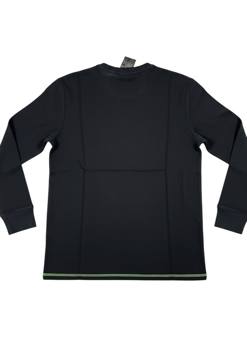 Throwback Rack Kangol black waffle-knit thermal long sleeve shirt with green stitching detail on hem.