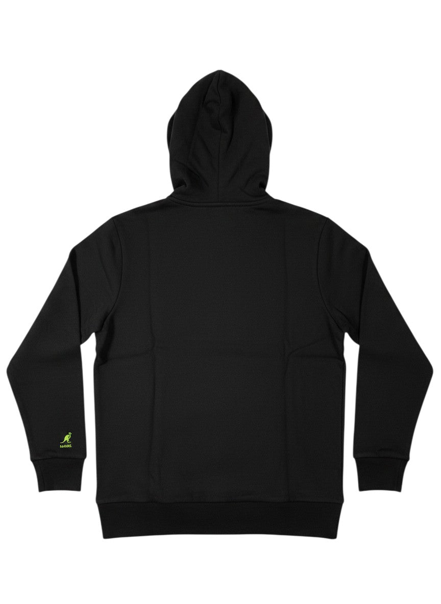 Throwback Rack black hooded zipper jacket with Kangol logo on sleeve. Made of durable fabric.