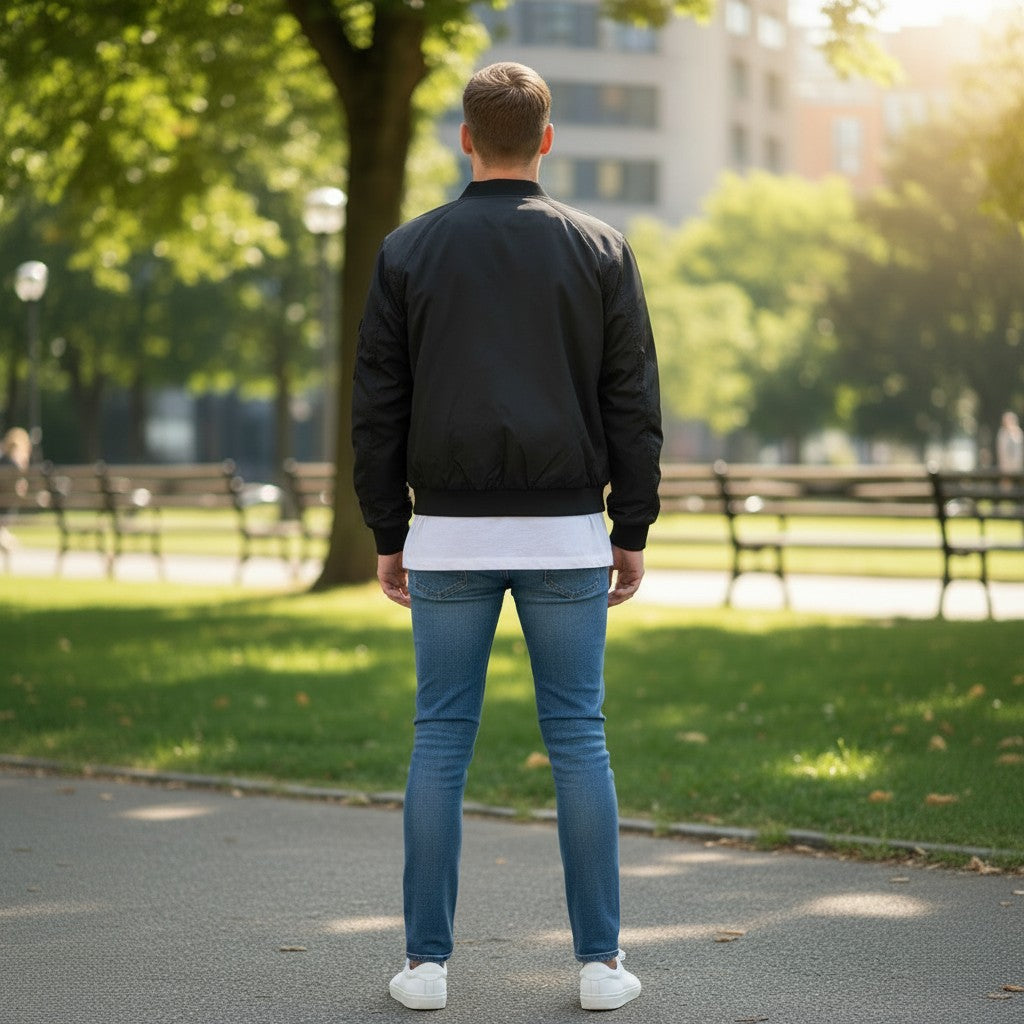 Throwback Rack black lightweight Levi's bomber jacket on a woman wearing jeans and a white t-shirt, standing outdoors.