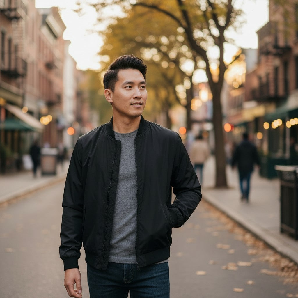 Throwback Rack: Man wearing a black lightweight Levi's bomber jacket over a grey t-shirt and blue jeans.