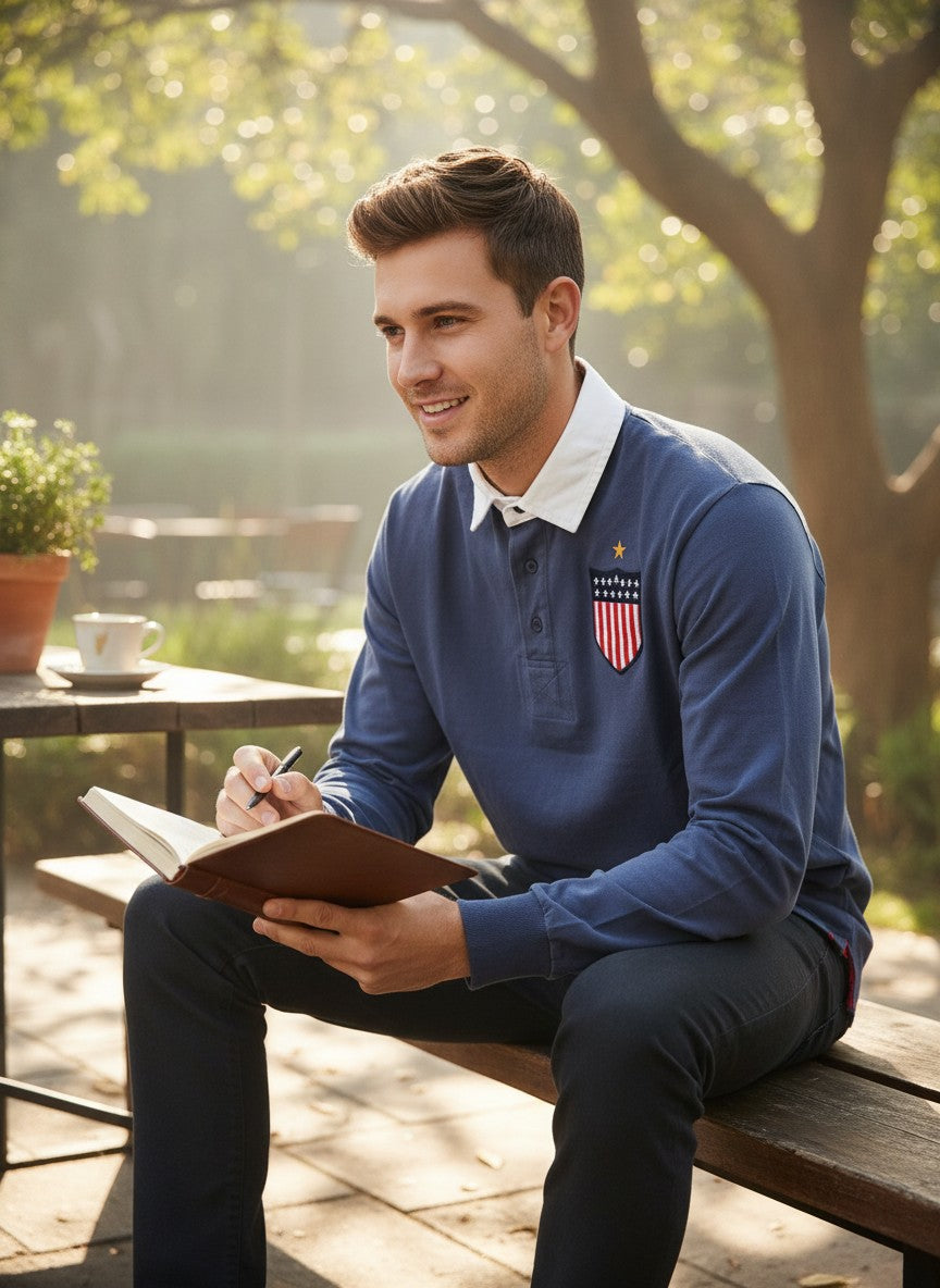 Throwback Rack USA Canterbury blue long-sleeve rugby polo shirt with white collar and US flag shield patch.