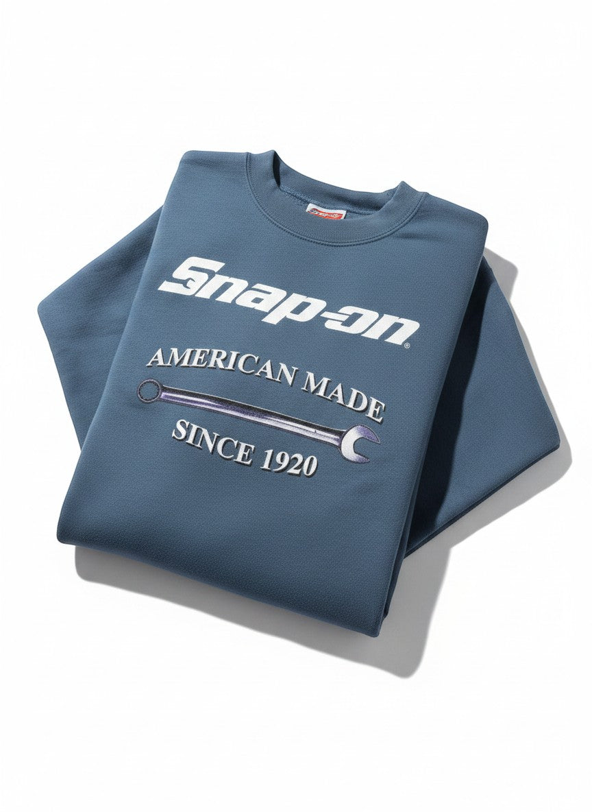 Throwback Rack blue vintage Snap-On Wrench "American Made Since 1920" crewneck sweatshirt.