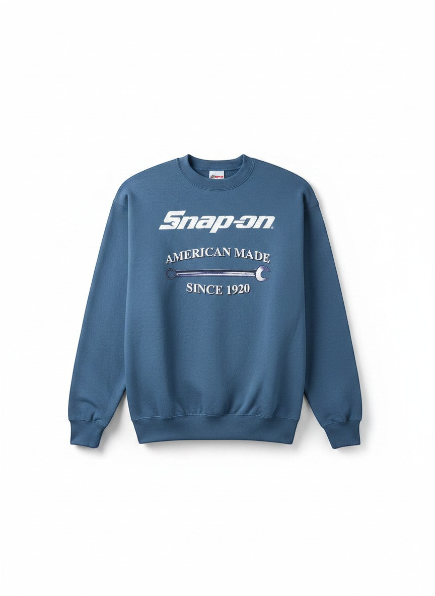 Throwback Rack blue vintage Snap-On Wrench sweatshirt with "American Made Since 1920" graphic.