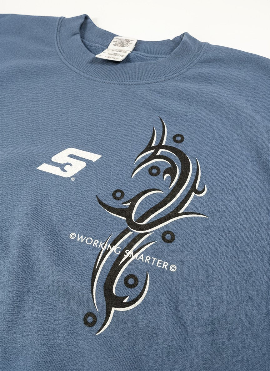 Throwback Rack blue vintage crew neck sweatshirt with white Snap-On logo and black tribal graphic. Cotton blend.