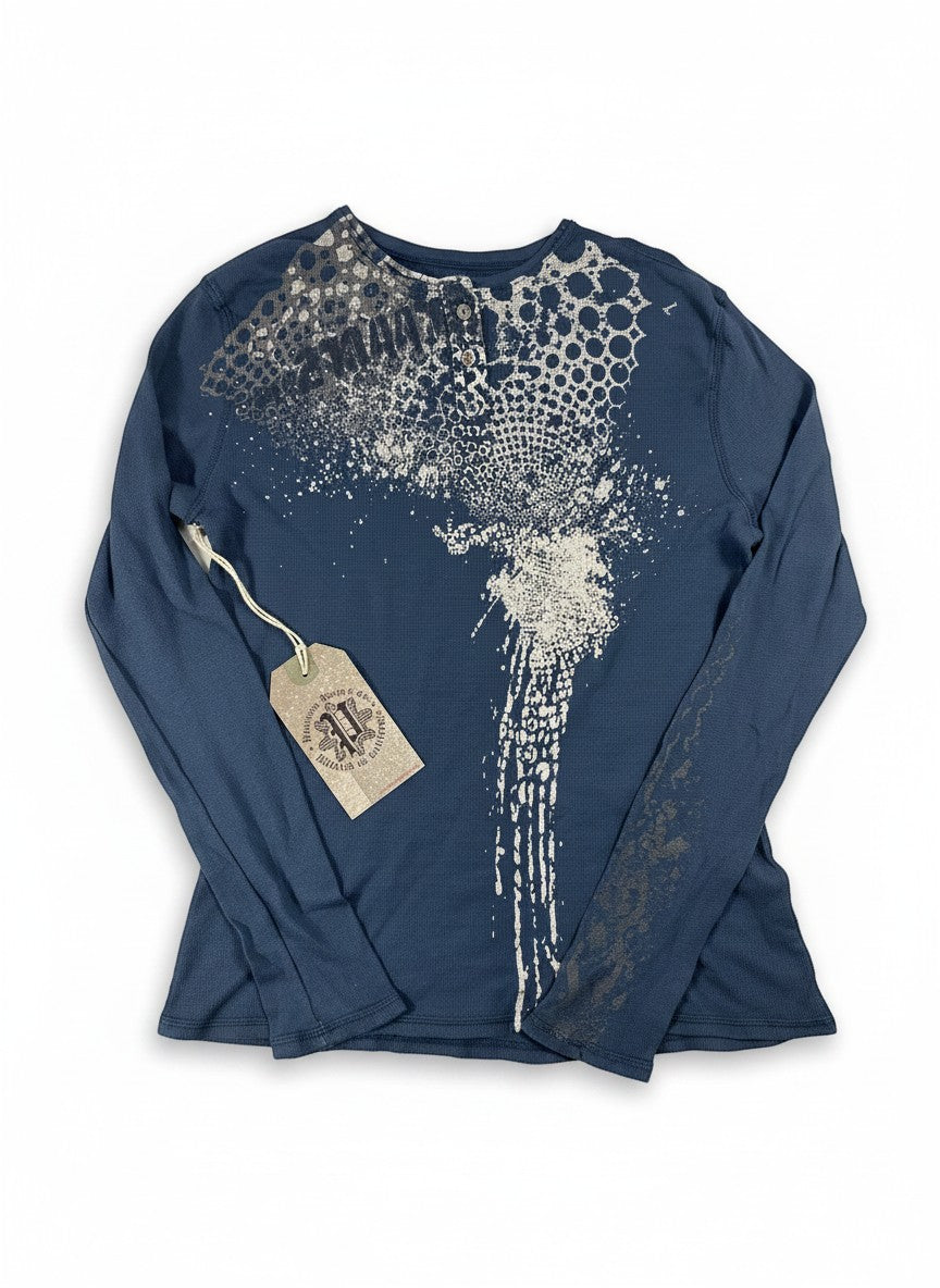 Throwback Rack blue Y2K thermal long sleeve shirt with distressed graphic print and henley neckline.