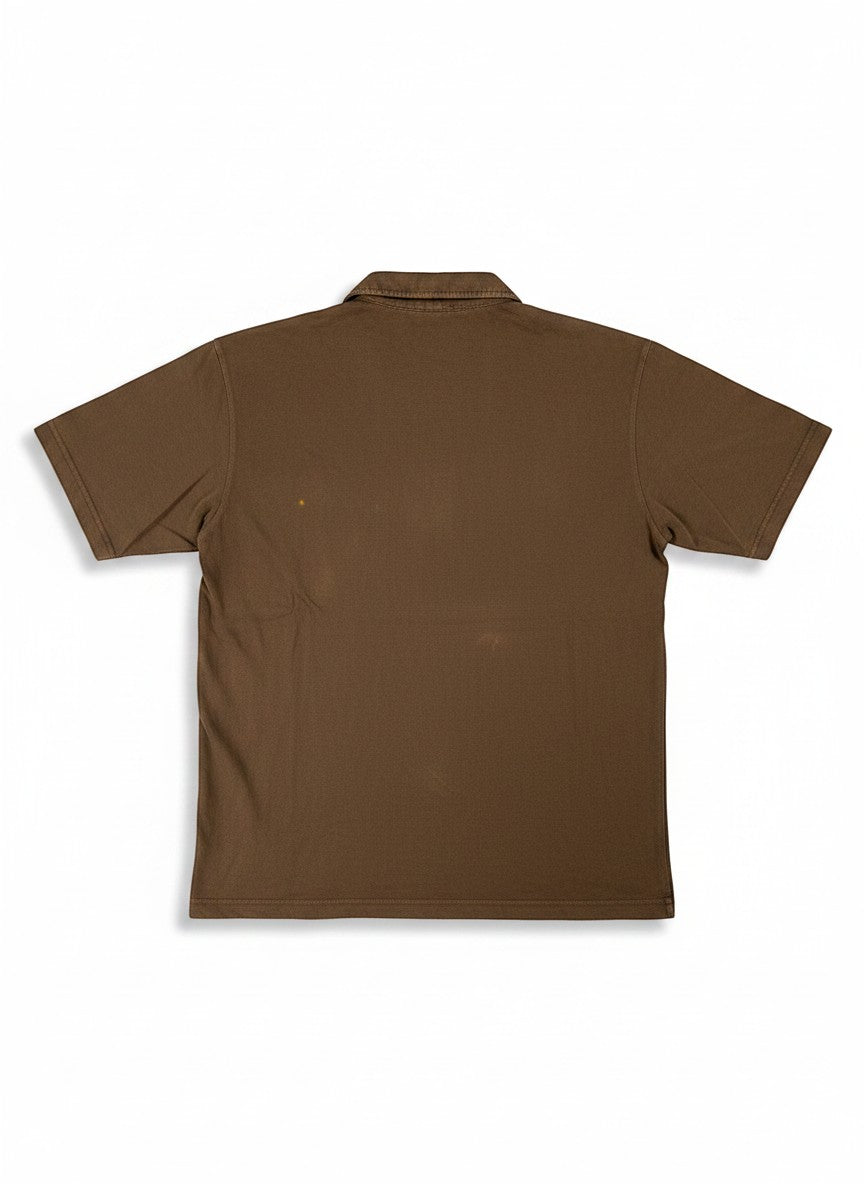 Throwback Rack brown collared Y2K style short-sleeve shirt with distressed details.