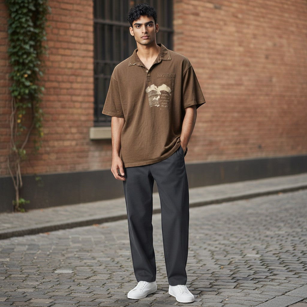 Throwback Rack brown collared Y2K shirt with eagle graphic and distressed details.