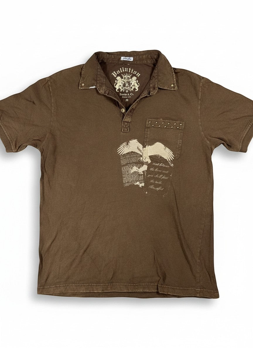 Throwback Rack brown collared Y2K polo shirt with eagle graphic and studded pocket detail.
