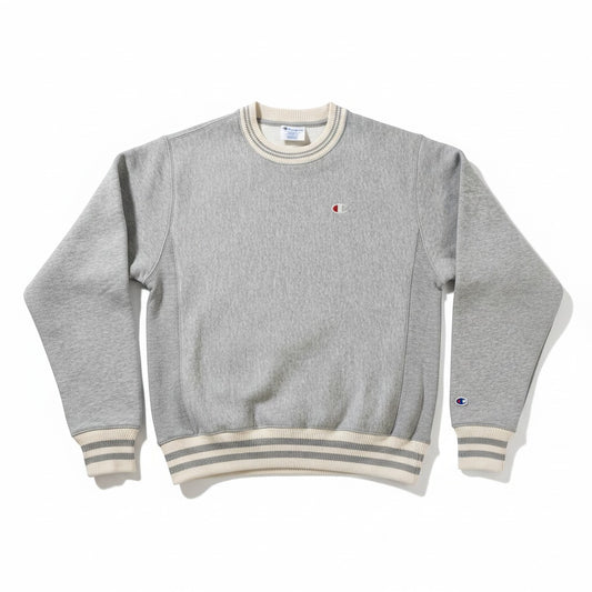 Throwback Rack Champion Oxford Gray Reverse Weave Crew Neck Sweatshirt with embroidered C logo on chest and cuff.
