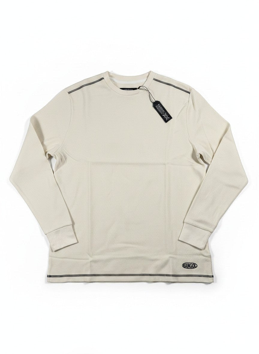 Throwback Rack cream waffle-knit thermal long sleeve shirt with contrast stitching and Kangol logo patch.