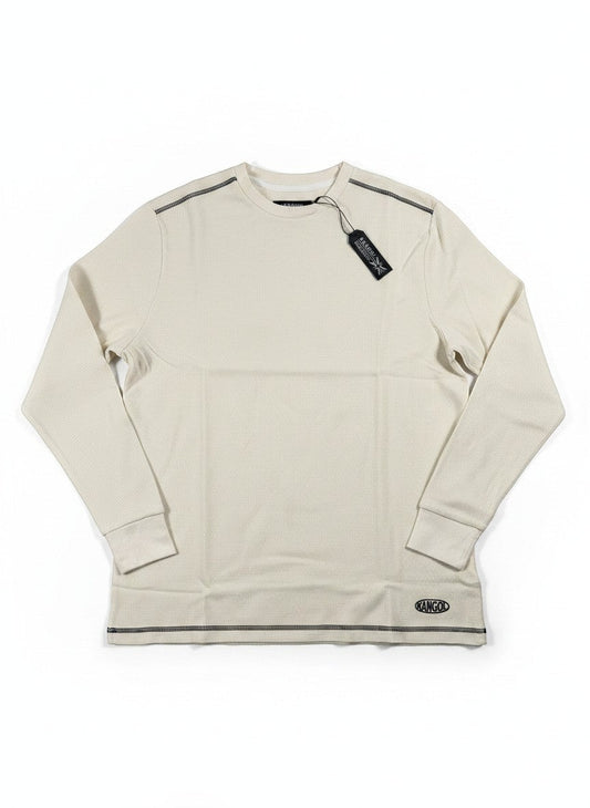 Throwback Rack cream waffle-knit thermal long sleeve shirt with contrast stitching and Kangol logo patch.