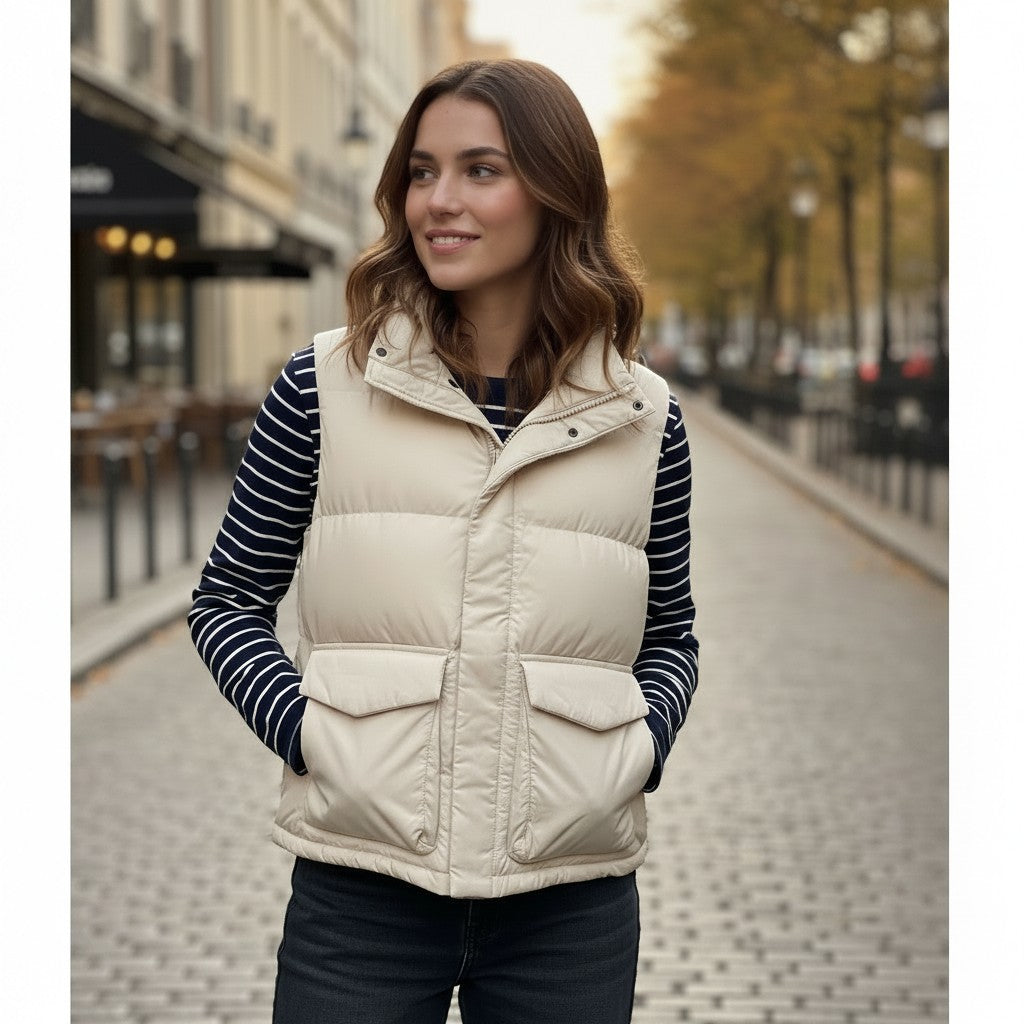 Throwback Rack cream puffer vest worn by a woman with a navy and white striped long-sleeve shirt and dark jeans.