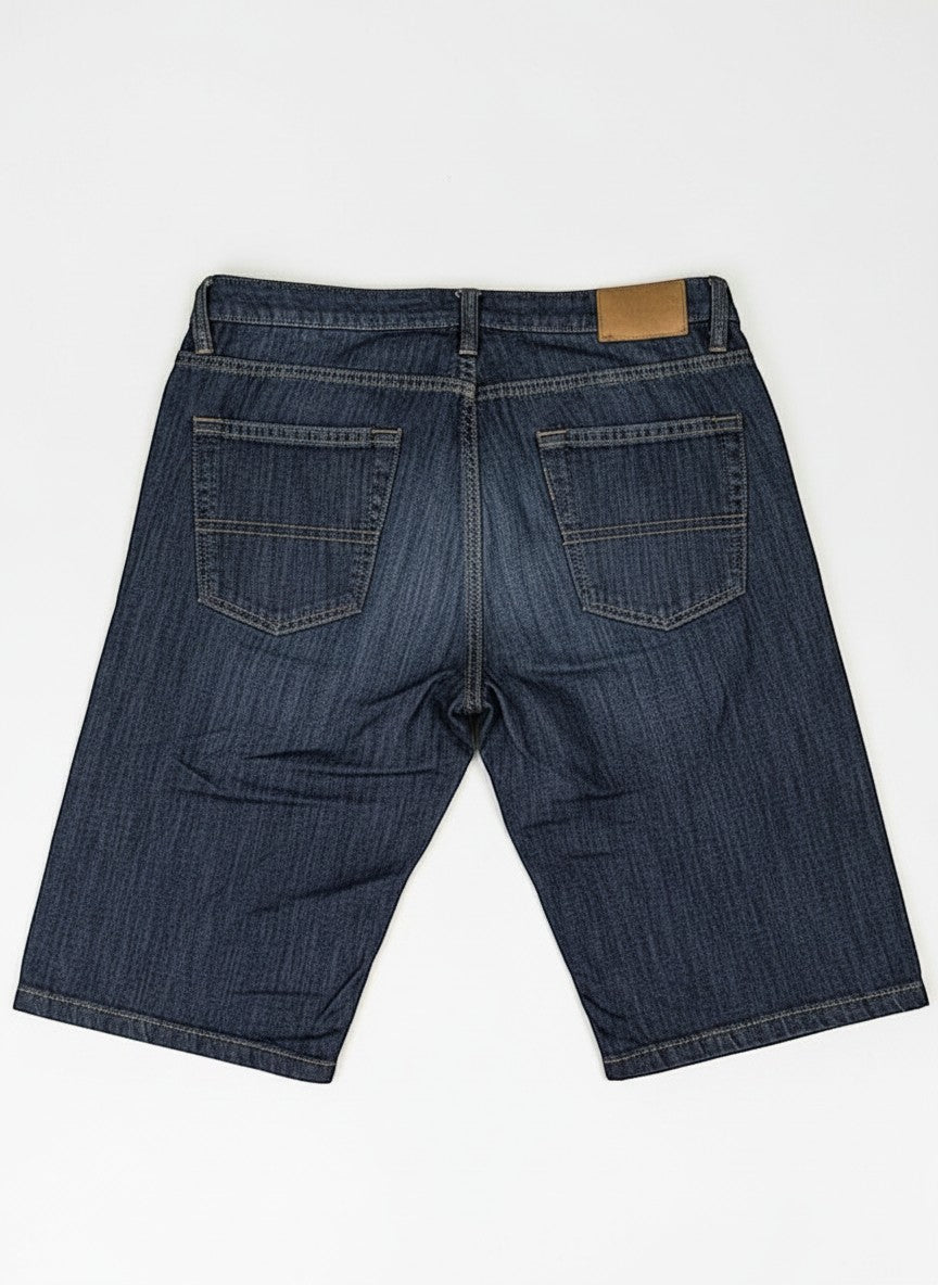 Throwback Rack dark wash denim cargo shorts with a relaxed fit and multiple pockets. Features a branded leather patch on the back.