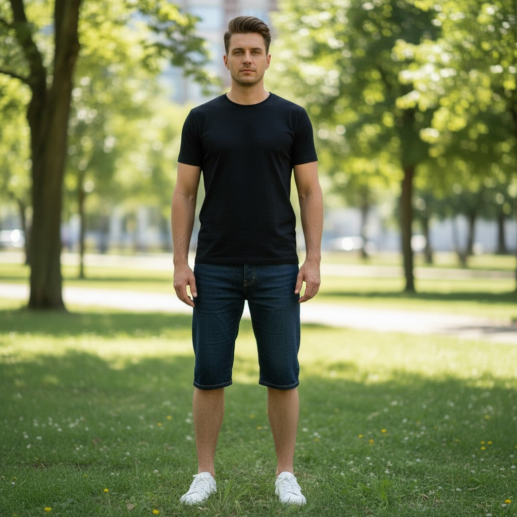 Throwback Rack dark wash denim cargo shorts on a woman standing in a park.