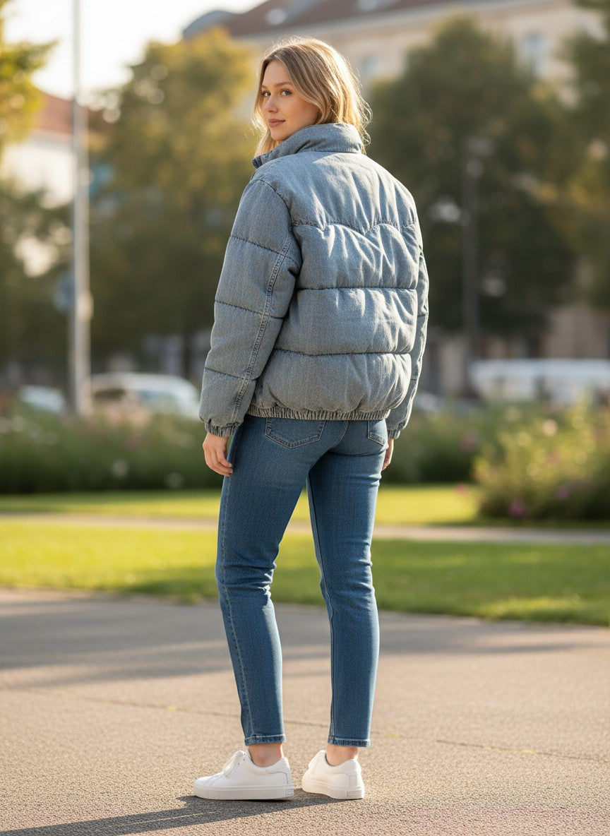 Throwback Rack light wash denim puffer jacket on a woman wearing blue jeans and white sneakers outdoors.