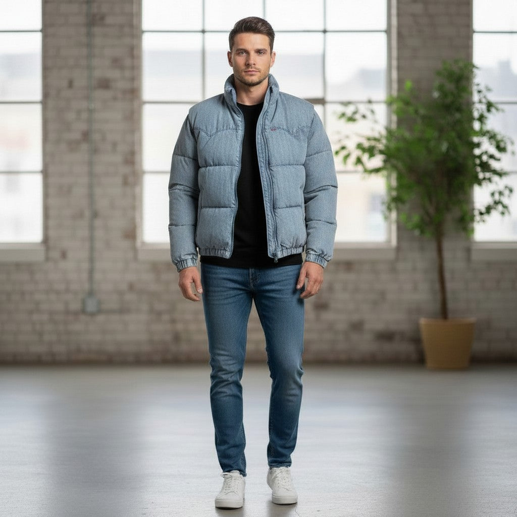 Throwback Rack light wash denim puffer vest worn by a man with a black long-sleeve shirt and blue jeans.