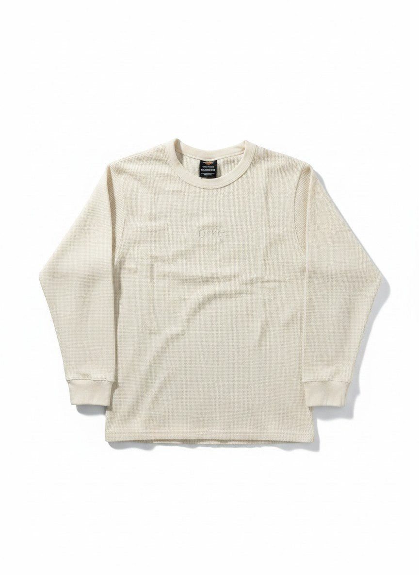 Throwback Rack Dickies cream waffle knit thermal long sleeve shirt with embroidered logo on chest.