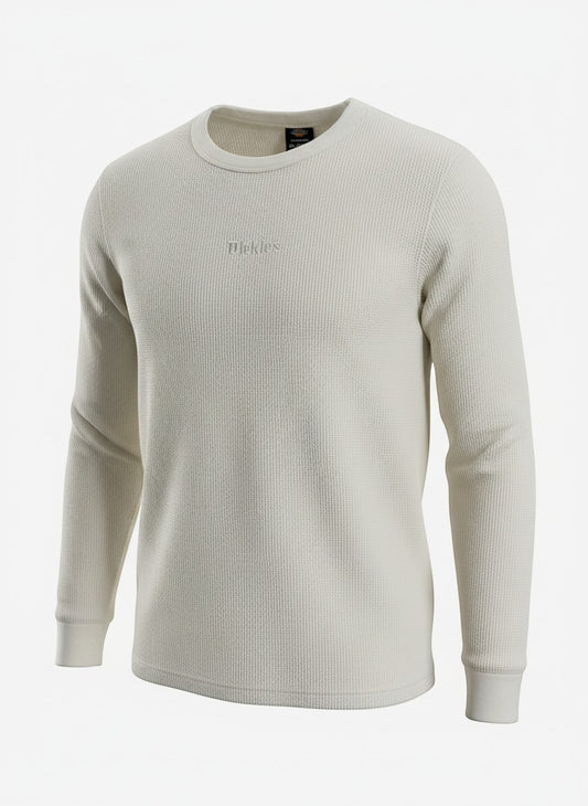 Throwback Rack Dickies white waffle thermal long sleeve shirt with embroidered logo on chest. Textured knit fabric.