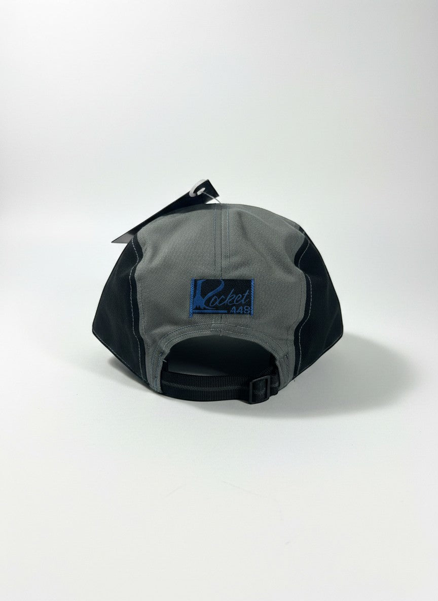 Throwback Rack Dog Town gray and black skater hat with adjustable strap and embroidered logo.