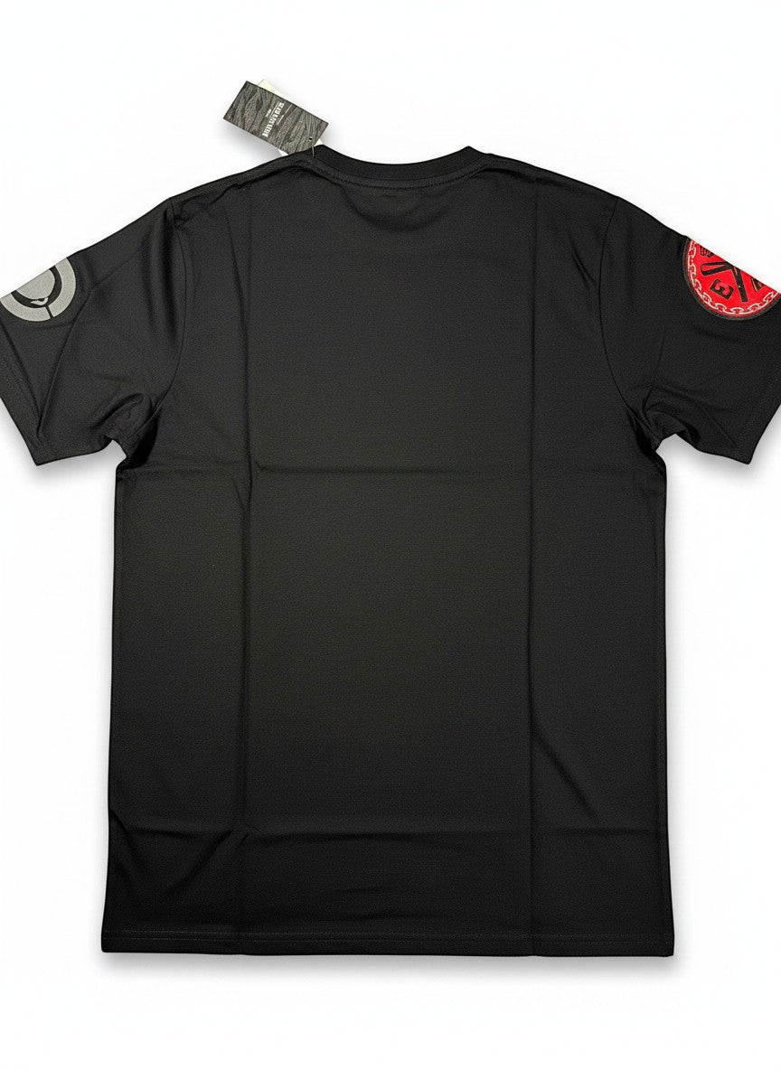 Throwback Rack Ecko UNTLD black graphic t-shirt with rhino logo on left sleeve and red circular logo on right sleeve.
