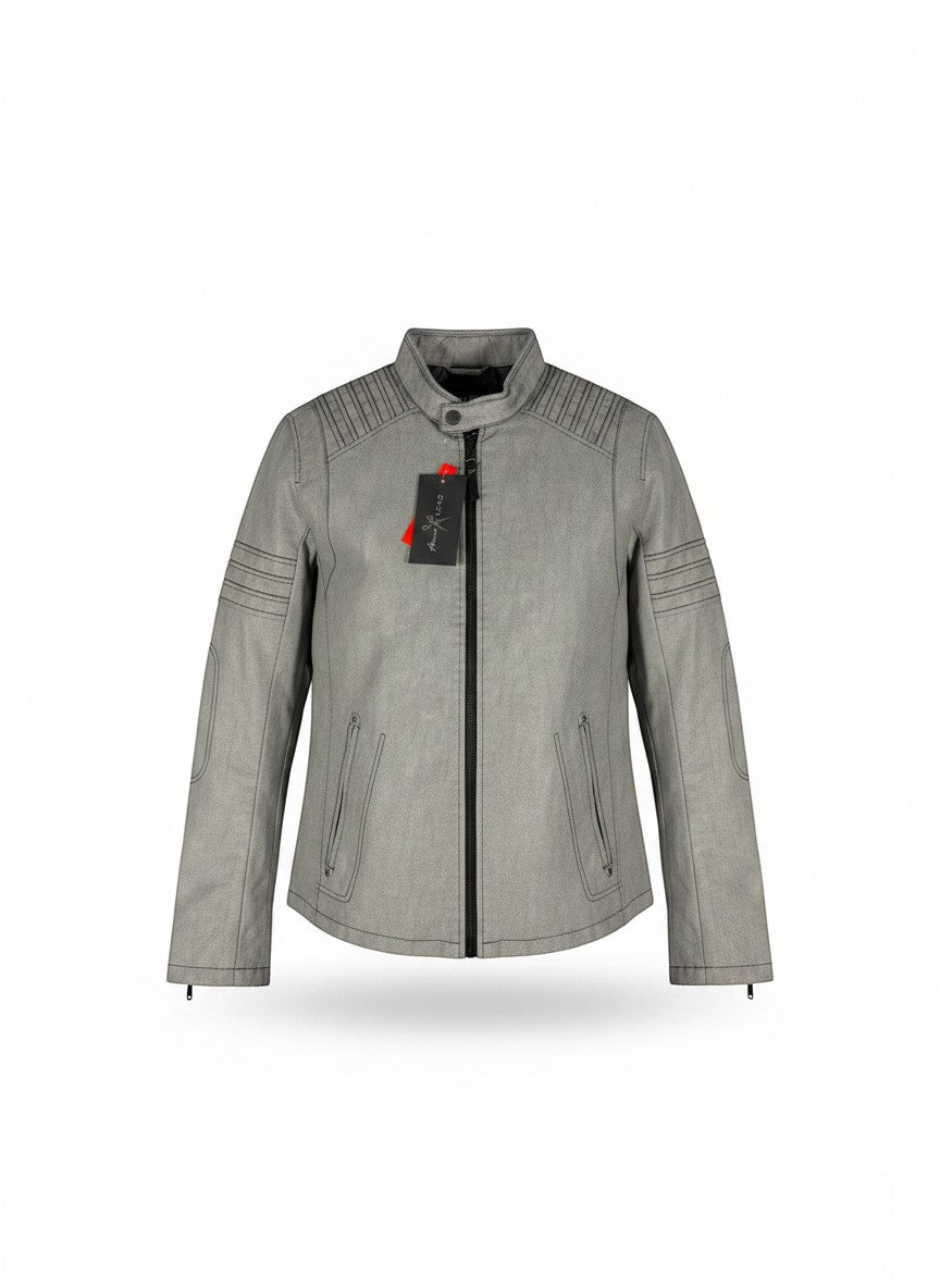 Throwback Rack Marc Ecko gray faux leather jacket with zip closure, ribbed collar, and zippered pockets. Features stitched detailing on shoulders and sleeves.