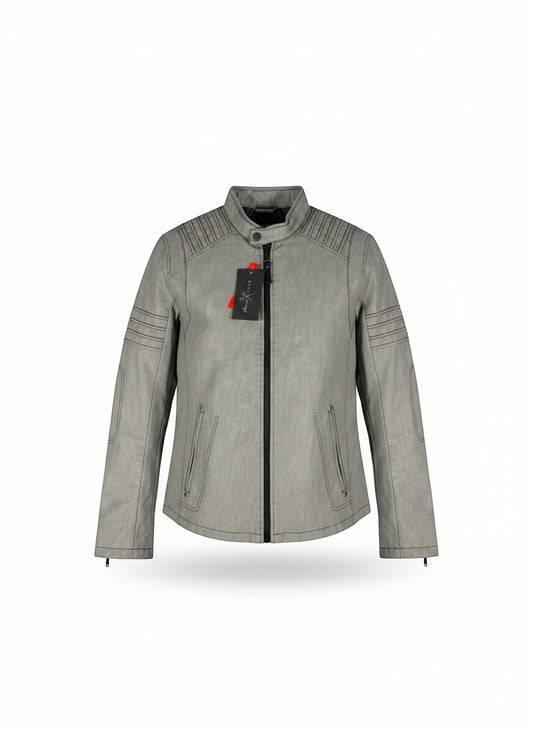 Throwback Rack Marc Ecko gray faux leather jacket with zip closure, ribbed collar, and zippered pockets. Features stitched detailing on shoulders and sleeves.