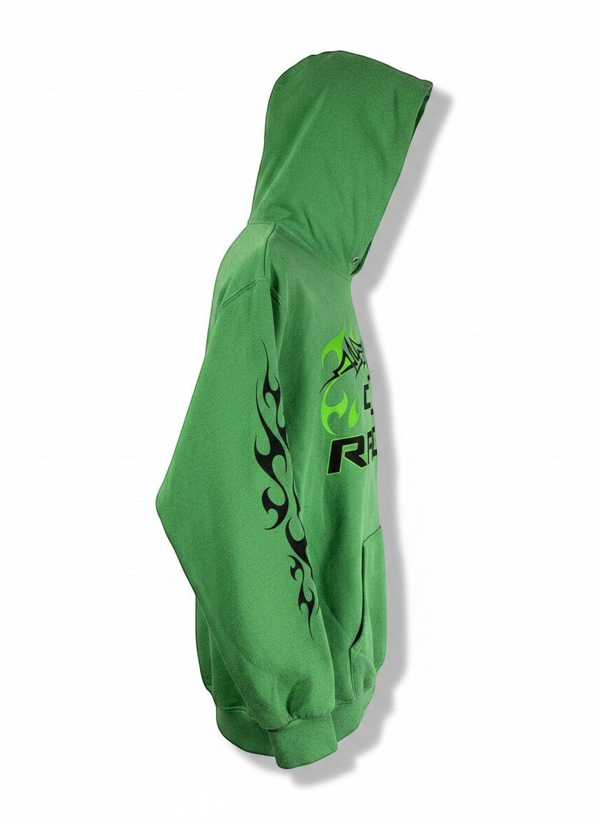 Throwback Rack green Chevrolet Racing hoodie with flame graphics on sleeves and chest logo. Comfortable fabric, ideal for motorsport fans.