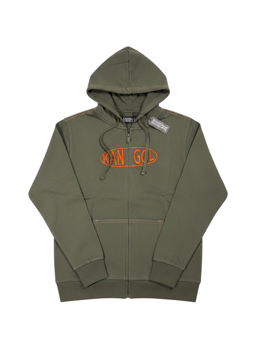 Throwback Rack green cotton Kangol zipper jacket with orange oval logo and contrast stitching. Features a hood, full zip, and front pocket.