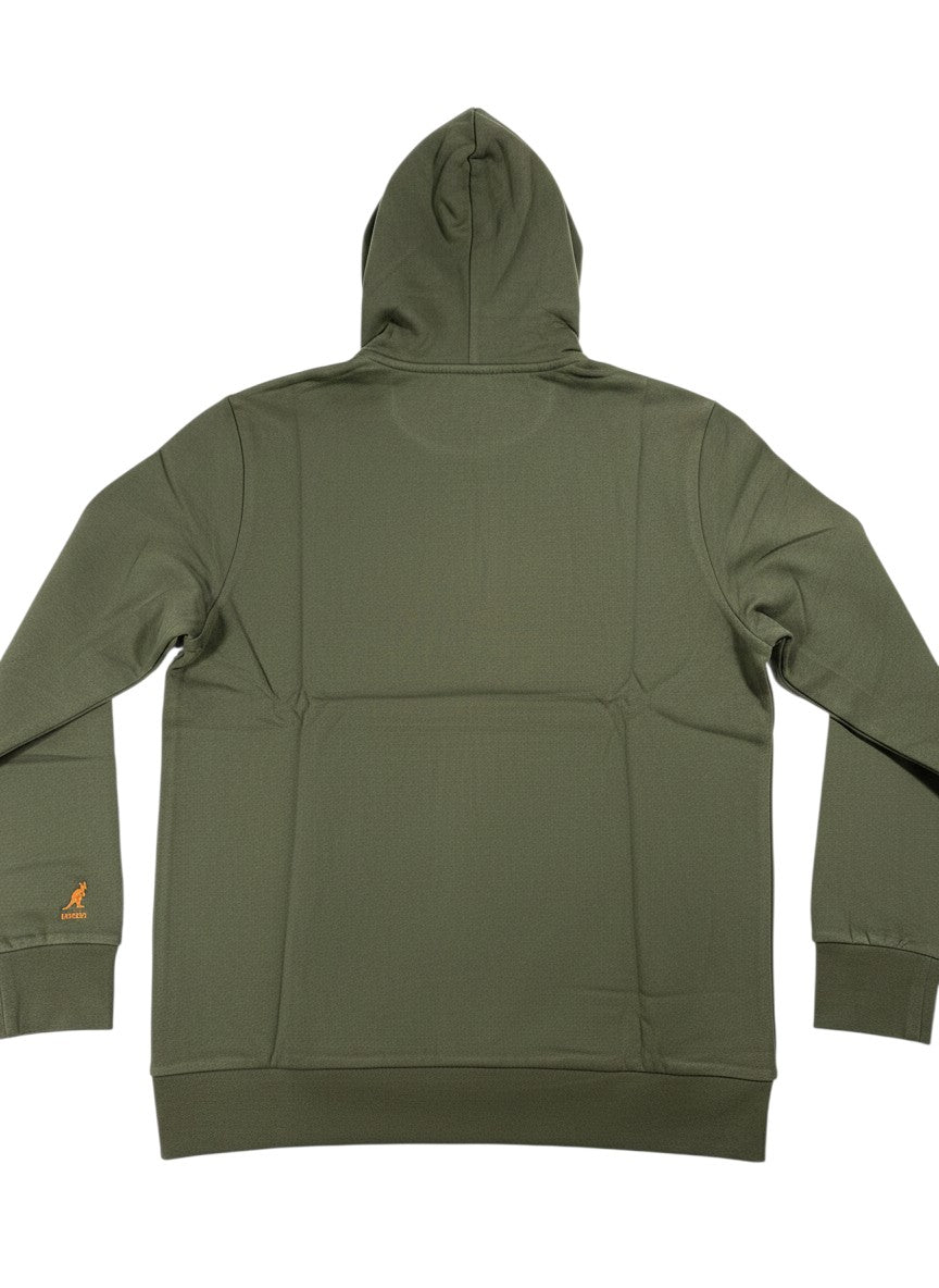 Throwback Rack green cotton blend Kangol zipper jacket with hood and embroidered logo on sleeve.
