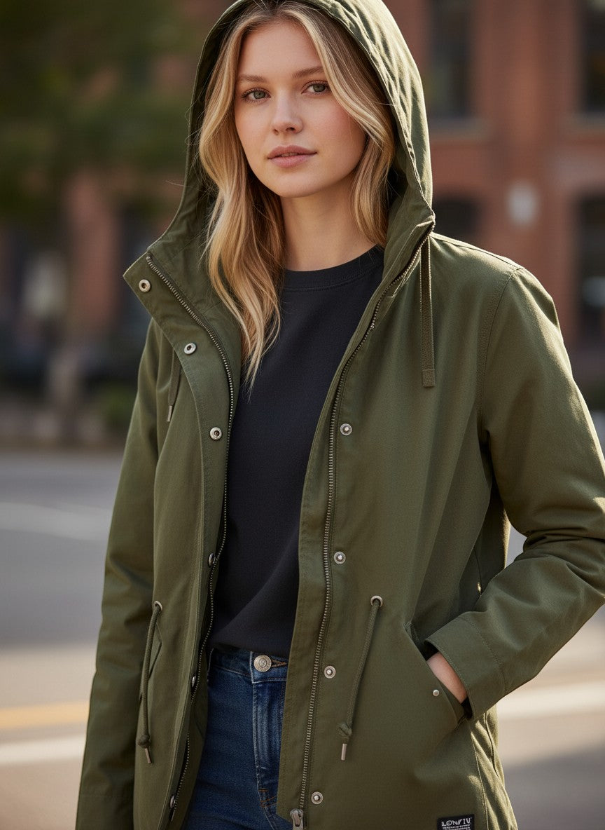 Throwback Rack offers the Levi's Green Folsom Utility Jacket, a hooded, olive green cotton jacket with a zip and snap closure, drawstring waist, and pockets.