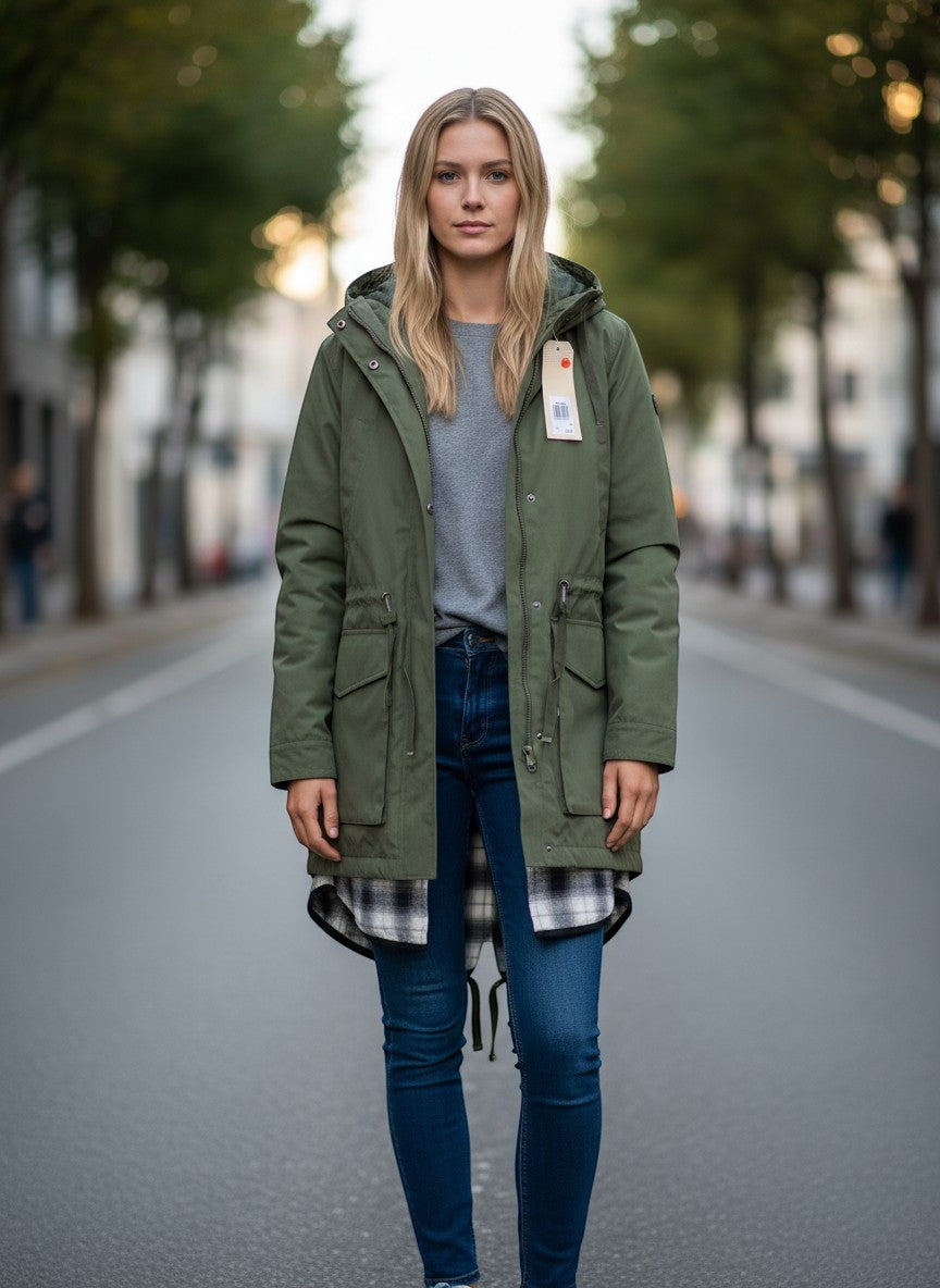 Throwback Rack: Women's green Levi's Folsom utility jacket with hood, drawstring waist, and plaid lining. Model wears jeans.