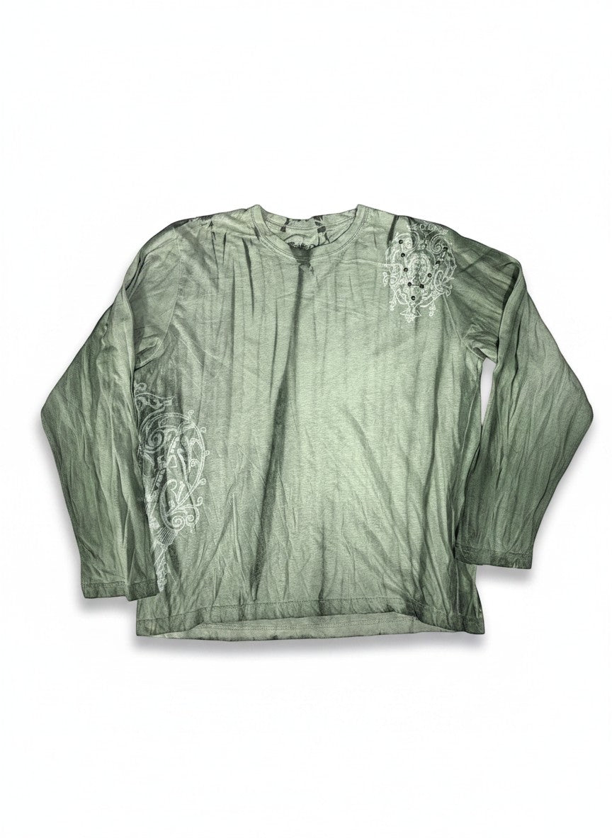 Throwback Rack green Y2K long sleeve shirt with distressed fabric and white graphic details on sleeves and chest.