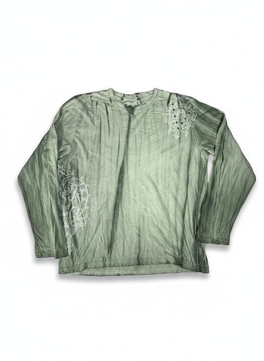 Throwback Rack green Y2K long sleeve shirt with distressed fabric and white graphic details on sleeves and chest.