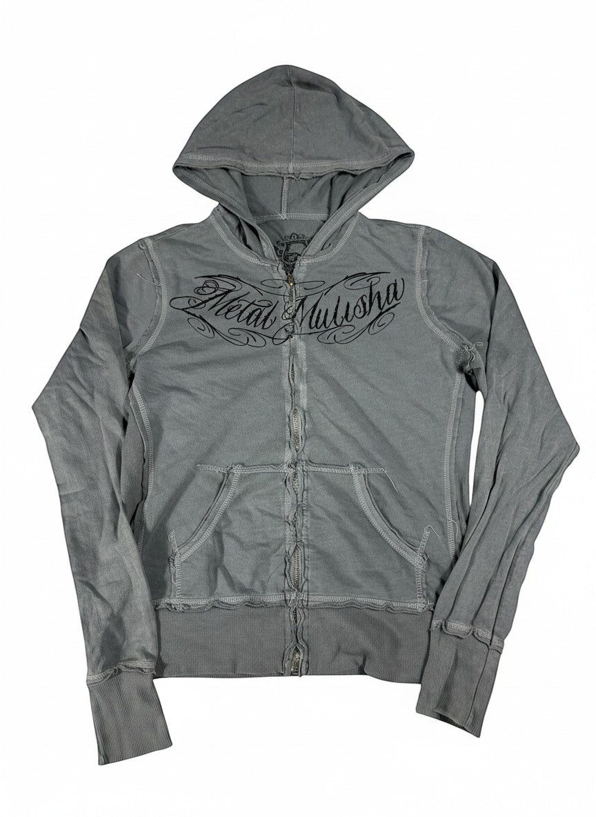 Throwback Rack grey Metal Mulisha zip-up hoodie with graphic logo on chest and distressed details.