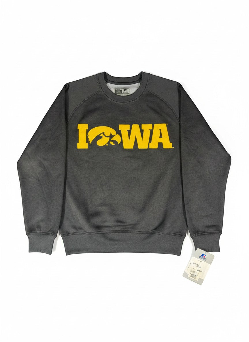 Throwback Rack Iowa University vintage grey crewneck sweatshirt with yellow logo and hawk graphic. Size S.