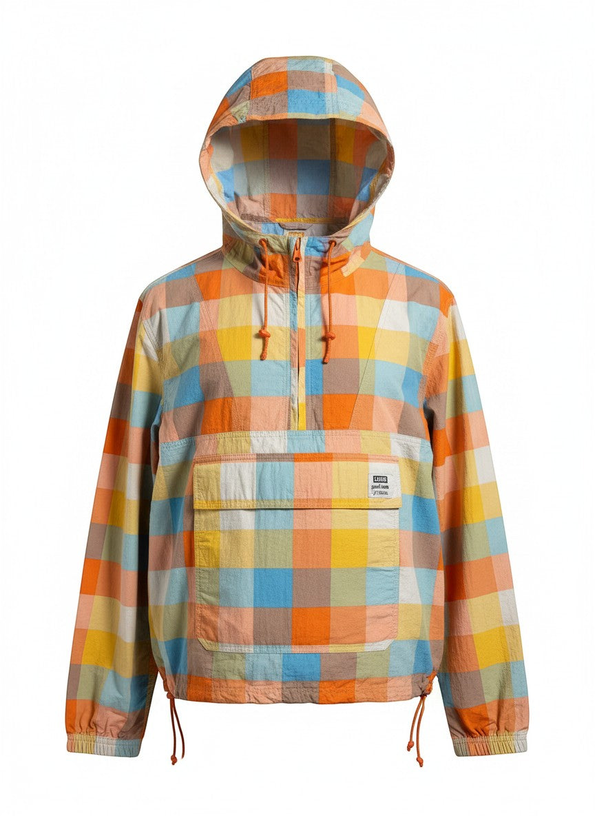 Throwback Rack Levi's Gold Tab Bolinas Anorak 1/2 Zip Wind Breaker in multicolor plaid. Lightweight jacket with hood, quarter zip, and front pouch pocket.