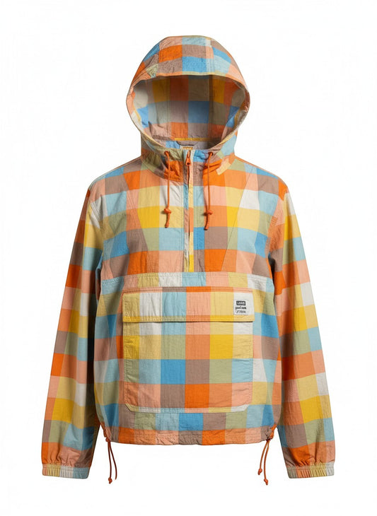 Throwback Rack Levi's Gold Tab Bolinas Anorak 1/2 Zip Wind Breaker in multicolor plaid. Lightweight jacket with hood, quarter zip, and front pouch pocket.