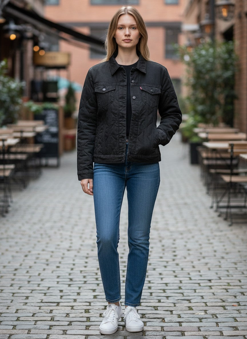 Throwback Rack: Levi's black quilted denim trucker jacket on a woman wearing blue jeans and white sneakers.