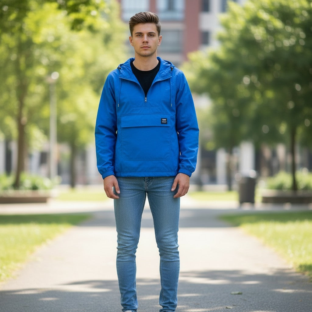 Throwback Rack Levi's Gold Tab Bolinas Anorak Jacket in bright blue, featuring a half-zip, hood, and front pouch pocket.