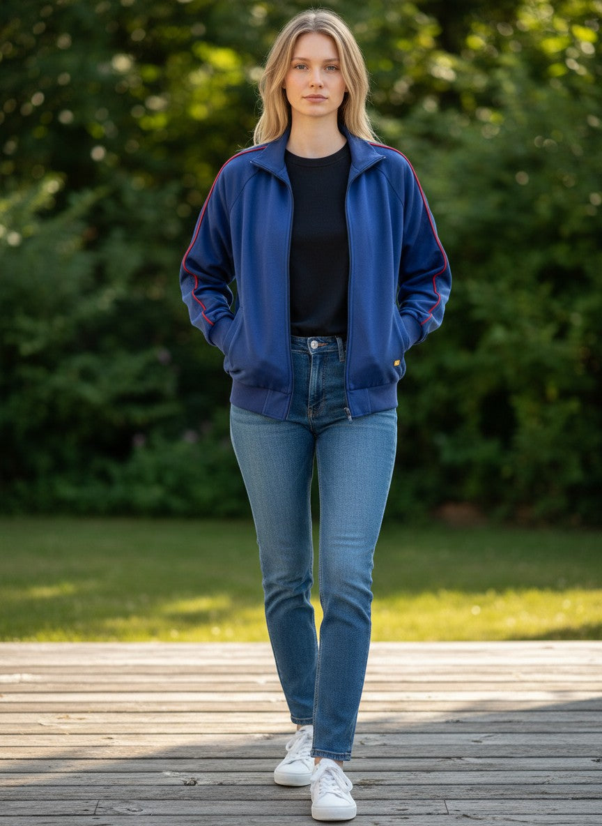 Throwback Rack Levi’s Gold Tab Off Court blue track jacket with red trim on sleeves and collar, worn by a woman with jeans.