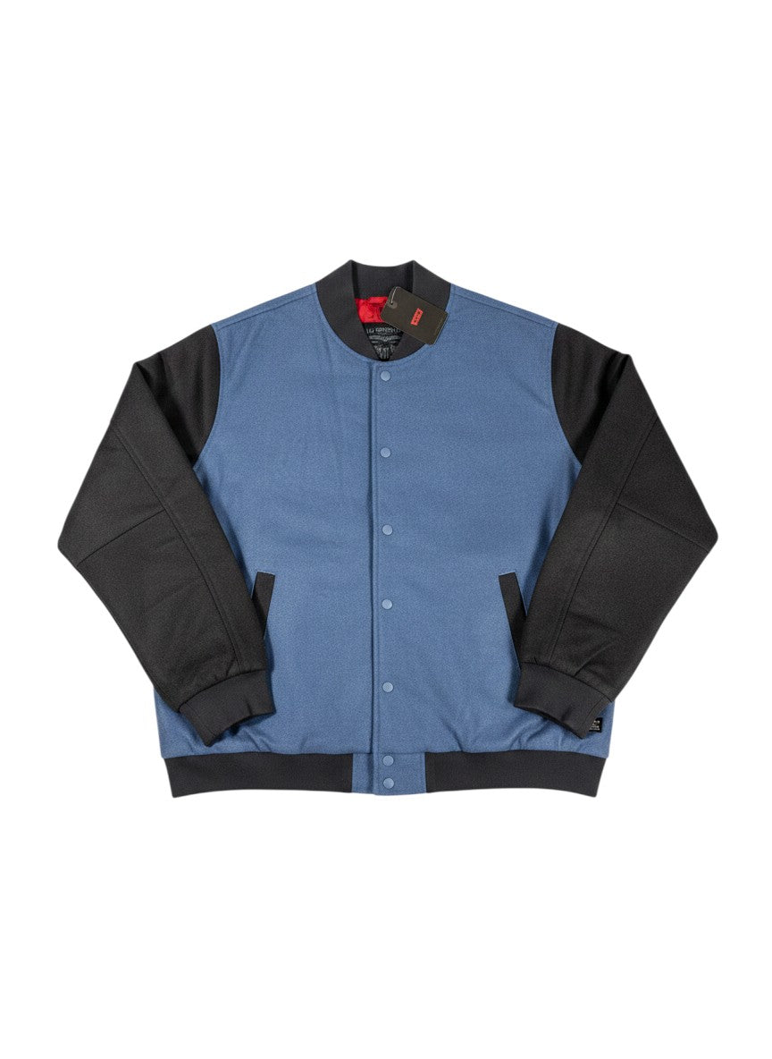 Throwback Rack Levi's blue and charcoal varsity bomber jacket with snap buttons and ribbed cuffs.