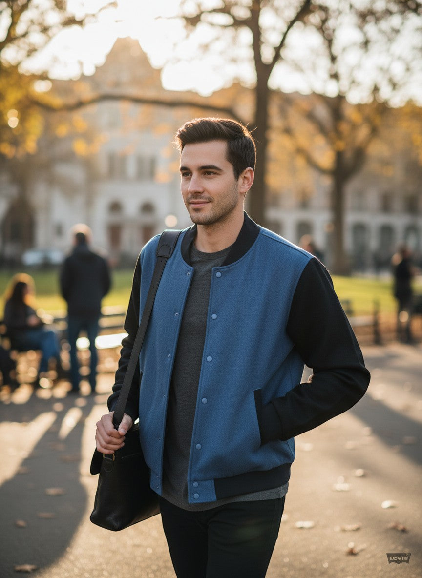 Throwback Rack Levi's blue and black varsity bomber jacket with snap button closure worn by a man outdoors.