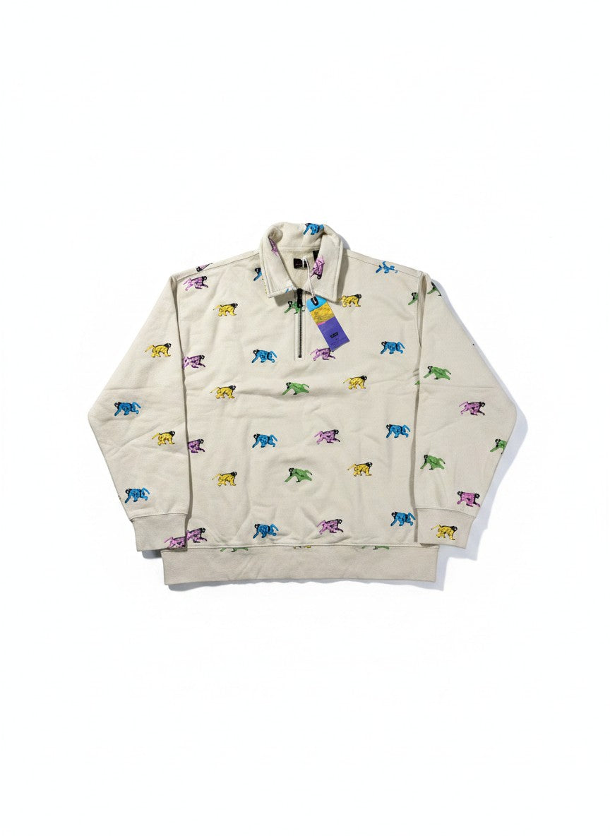 Throwback Rack x Levi's x Creative Growth beige 1/4 zip sweatshirt with all-over colorful animal print. Cotton blend.