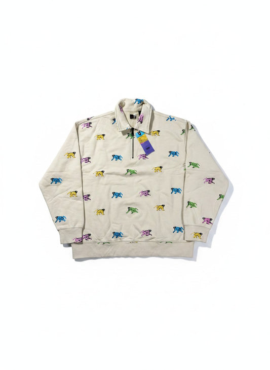 Throwback Rack x Levi's x Creative Growth beige 1/4 zip sweatshirt with all-over colorful animal print. Cotton blend.