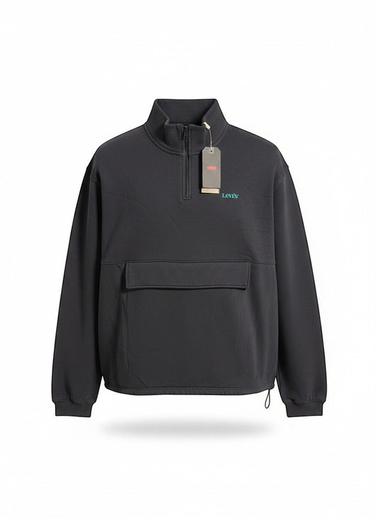 Throwback Rack Levi's dark grey 1/4 zip mock neck sweatshirt with chest logo and front pouch pocket.