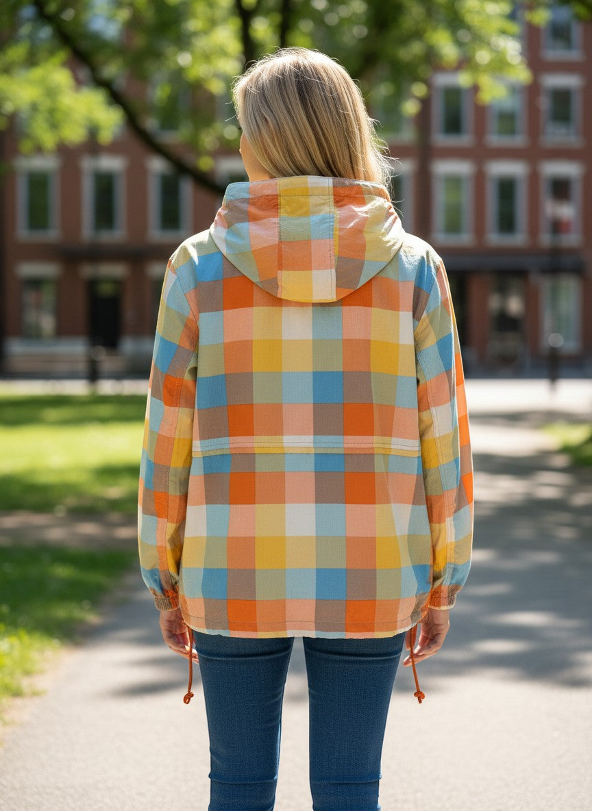 Throwback Rack Levi's Gold Tab Bolinas Anorak windbreaker in multicolor plaid with half-zip and hood.