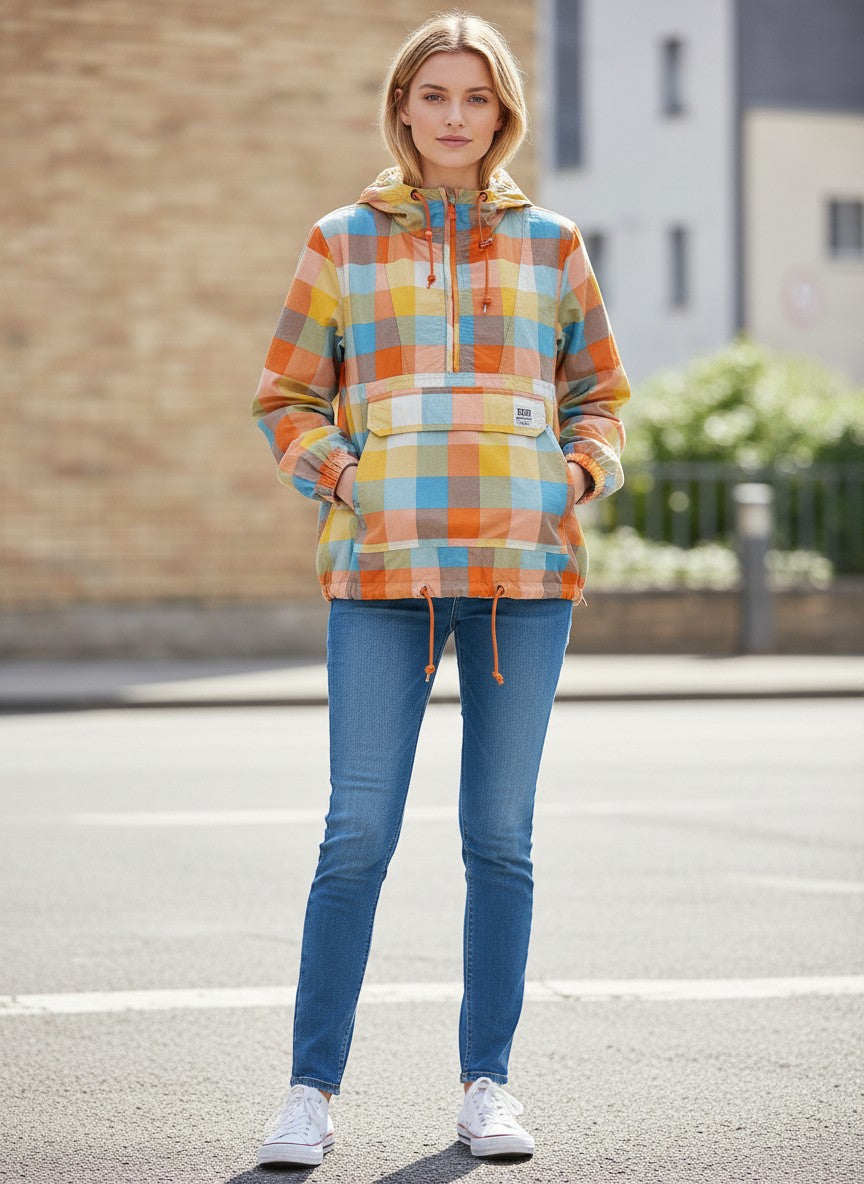 Throwback Rack Levi's Gold Tab Bolinas Anorak 1/2 Zip Wind Breaker in multicolor plaid with drawstring hood and hem.