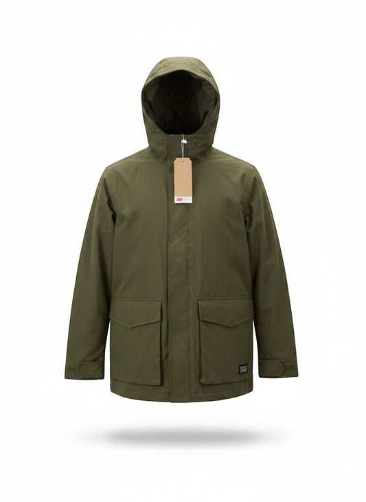 Throwback Rack Levi's green Folsom utility jacket with hood and two front pockets. Features adjustable cuffs and a brand tag.